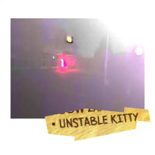 album cover of unstable kitty, it shows a shop lit up at night in very low quality on a thing that looks a bit like a polaroid, under it it says unstable kitty. that's a picture i took of the screen while playing void bastards. not a screenshot tho felt more aesthetic that way